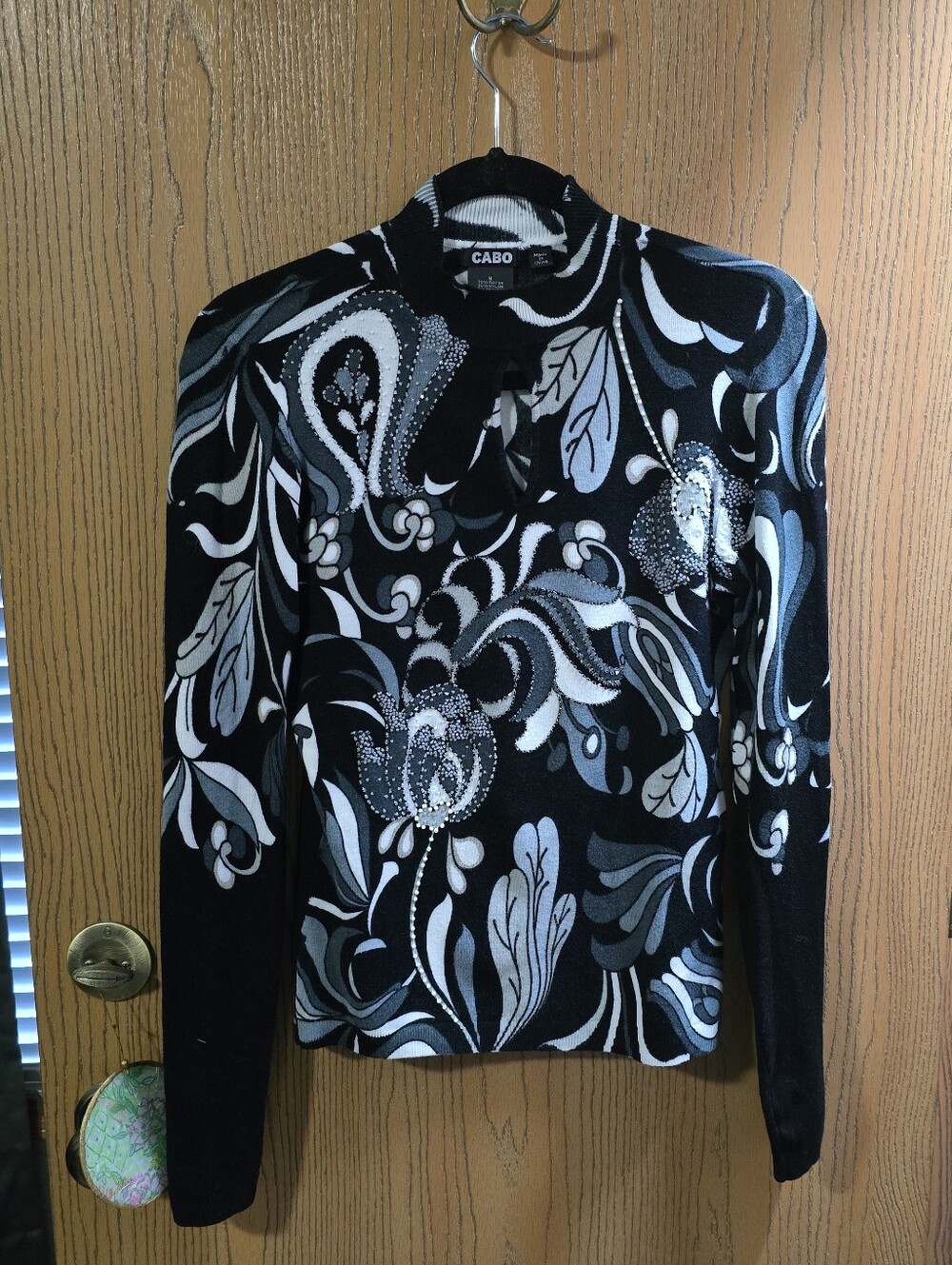 CABO Embellished Black Floral-Print Long Sleeve Top
